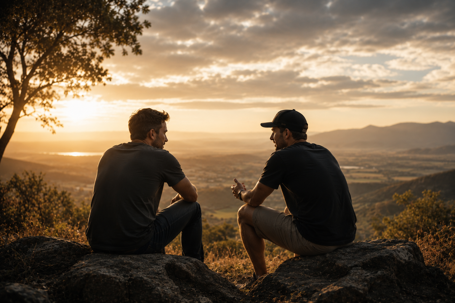 Two men in conversation at sunset