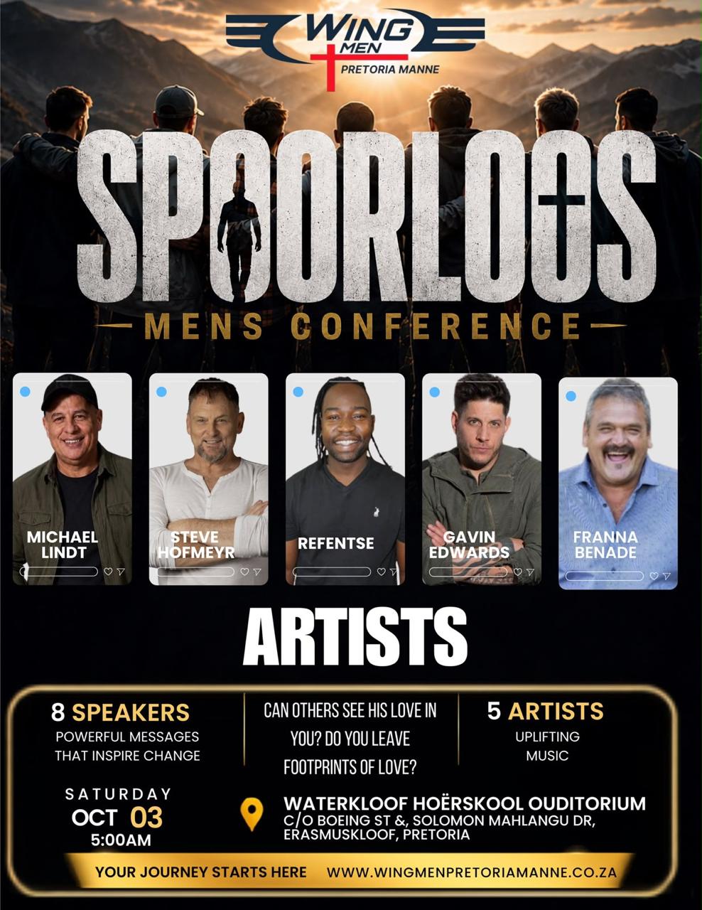 Spoorloos Mens Conference — Artists: Michael Lindt, Steve Hofmeyr, Refentse, Gavin Edwards, Franna Benade